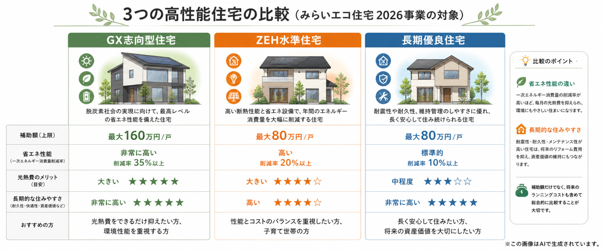 みらいエコ住宅2026事業の対象3つの高性能住宅の比較