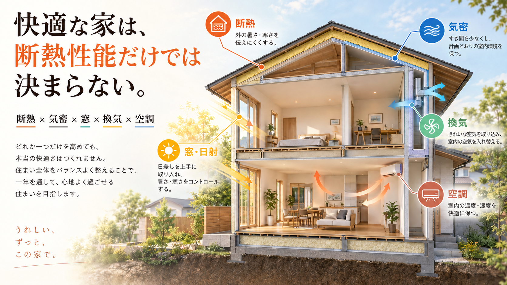 注文住宅の断熱・気密・窓・日射・換気・空調を組み合わせて考える住宅性能のイメージ