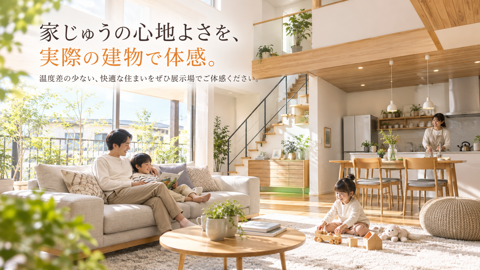 高気密高断熱と全館空調を取り入れた住まいで家族が快適に過ごすイメージ