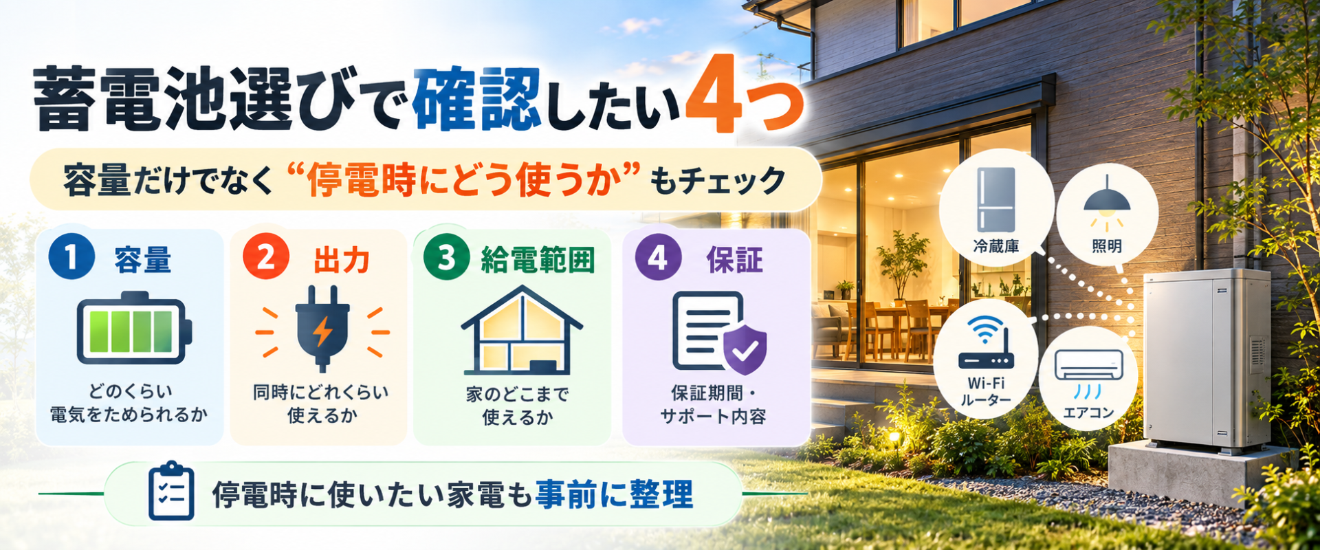家庭用蓄電池を選ぶときに確認したい容量・出力・給電範囲・保証の4項目