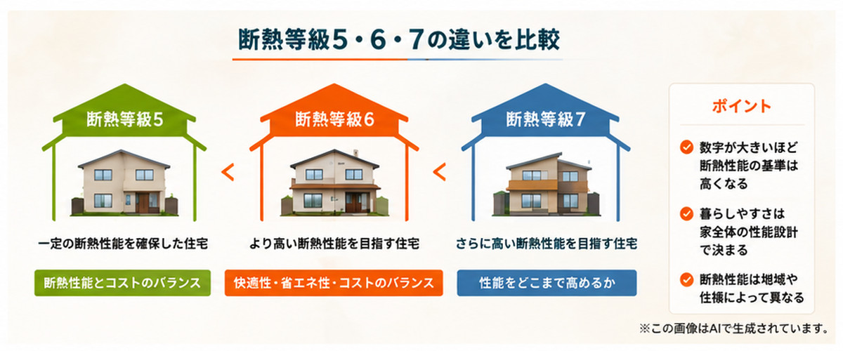 断熱等級5・6・7の違いを比較する住宅性能イメージ