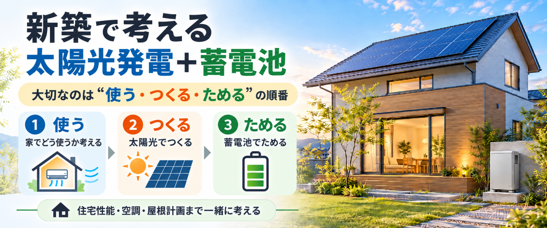 新築住宅で太陽光発電と蓄電池を使う・つくる・ためるの順番で考えるイメージ