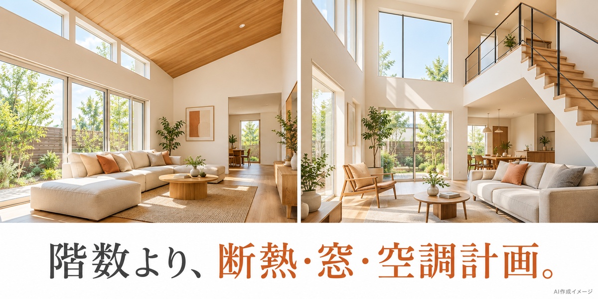 勾配天井の平屋と吹き抜けの2階建ての室内を比較するAI作成イメージ
