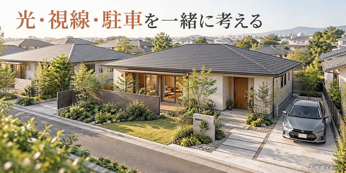 住宅密集地で採光と視線、駐車配置を考える平屋のAI作成イメージ