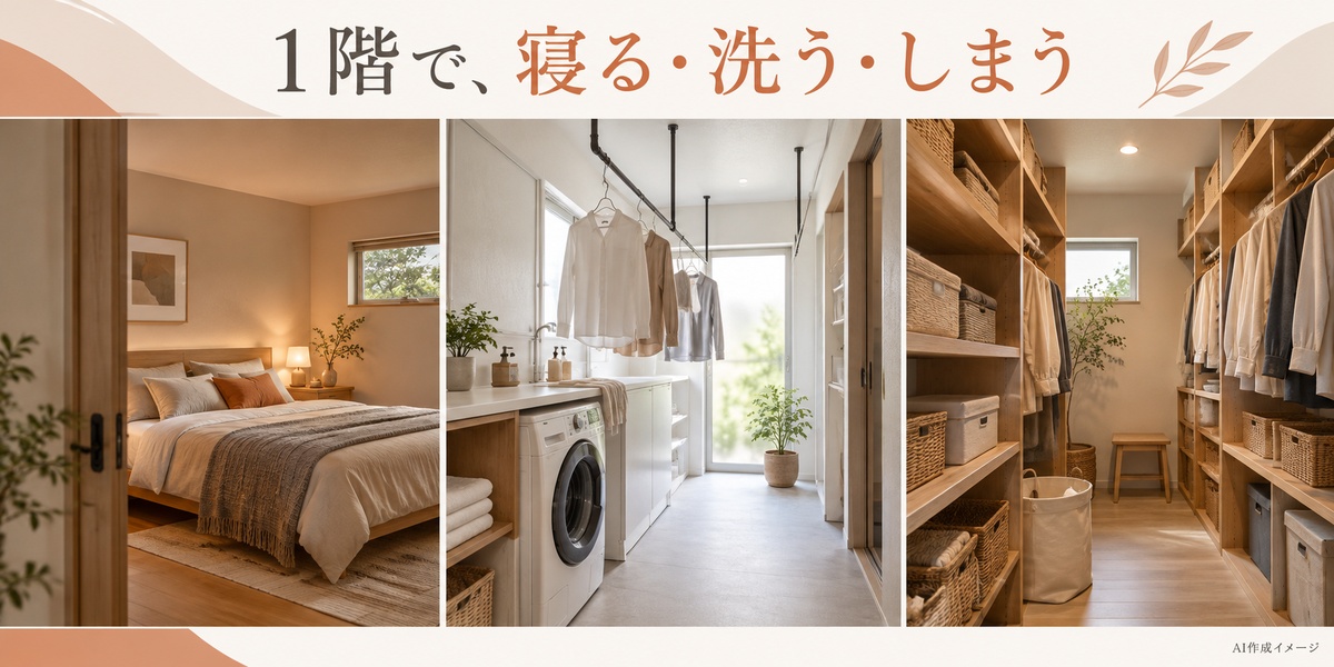 寝室とランドリー、家族収納を1階にまとめる暮らしのAI作成イメージ